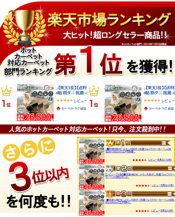 祝 楽天ランキング カーペット部門 ランキング!第1位を獲得しました!ありがとうございます!!