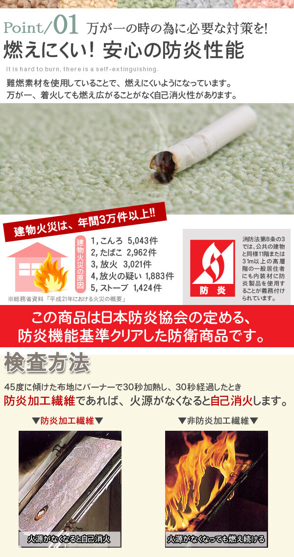 万が一の時の為に必要な対策を！　燃えにくい！安心の防炎機能　難燃素材を使用しているので燃えにくい！防炎機能基準クリアした防衛商品です。