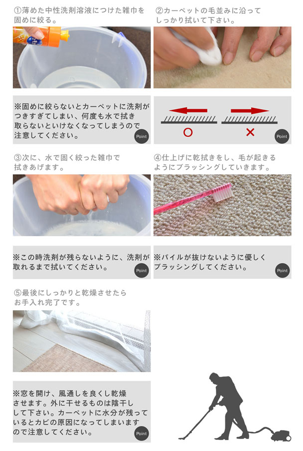①薄めた中性洗剤溶液につけた雑巾を固めに絞る。※このときに固めに絞らないとカーペットに洗剤が付きすぎてしまい、何度も水で拭き取らないといけなくなってしまうので注意してください。②カーペットの毛並みに沿ってしっかり拭いてください。※毛並みに逆らってしまうと意味がありません。③次に、水で硬く絞った雑巾で拭きあげます。※この時洗剤が残らないように、洗剤が取れるまで拭いてください。④仕上げに乾拭きをし、毛が起きるようにブラッシングしていきます。※パイルが抜けないように優しくブラッシングしてください。⑤最後にしっかりと乾燥させたらお手入れ完了です。※窓を開け、風通しを良くし乾燥させます。外に干せるものは陰干しして下さい。カーペットに水分が残っているとカビの原因になってしまいますので注意してください。